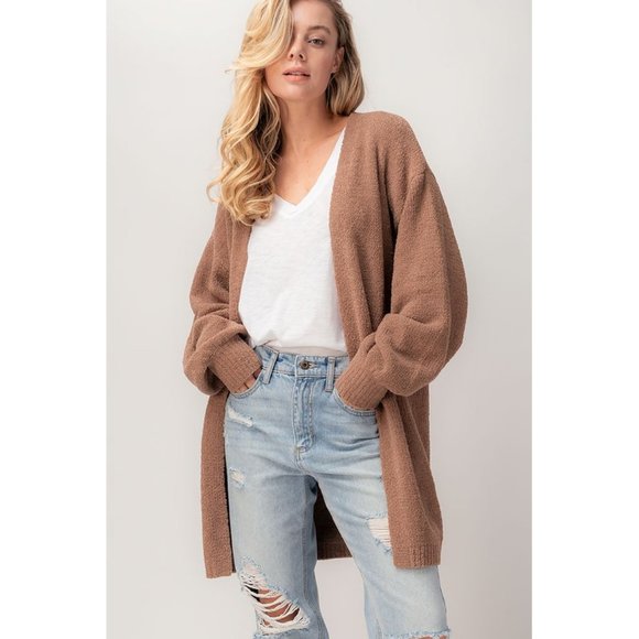 NEW Ultra Soft Bishop Sleeves Long Open Cozy Plush Sweater Cardigan Coco Brown - Picture 3 of 11